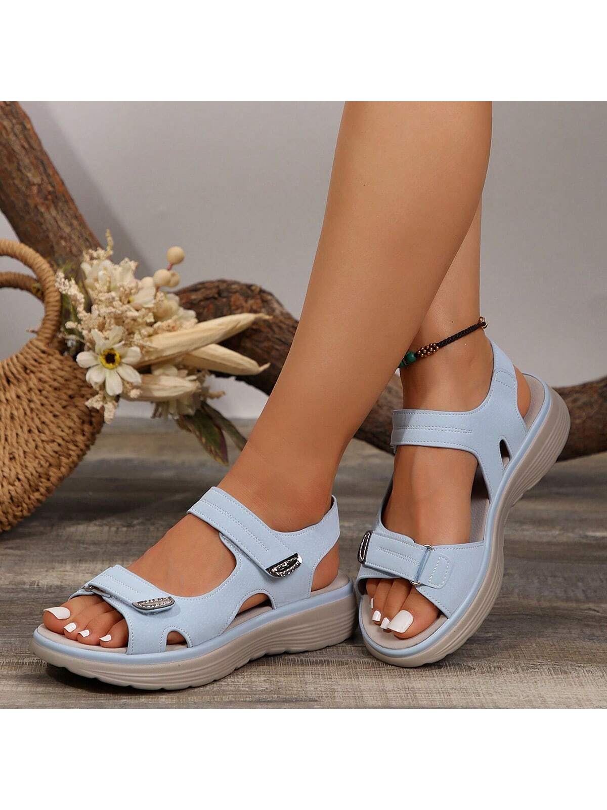 2024 New Summer Fashionable Casual Sandals For Women, Sporty Style, Wedge Heel, Lightweight, Hook Amd Loop Closure, Plus Size