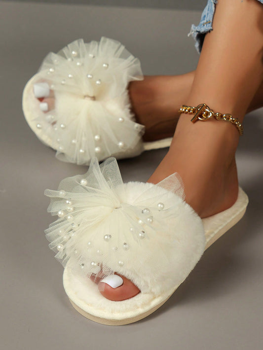 Women's Home Slippers With Lace, Pearl & Bowknot Opening