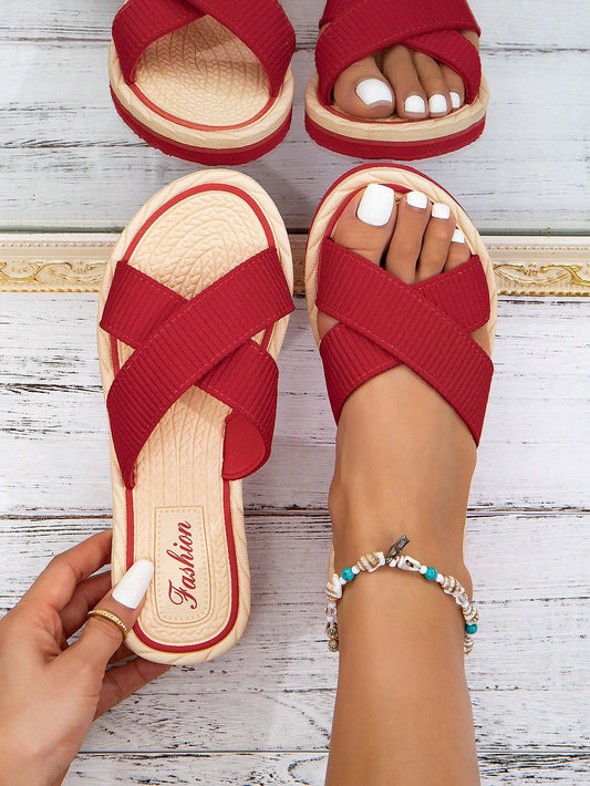 New Fashion Red Cross Strap Flat Sandals For Women,  Rope Material