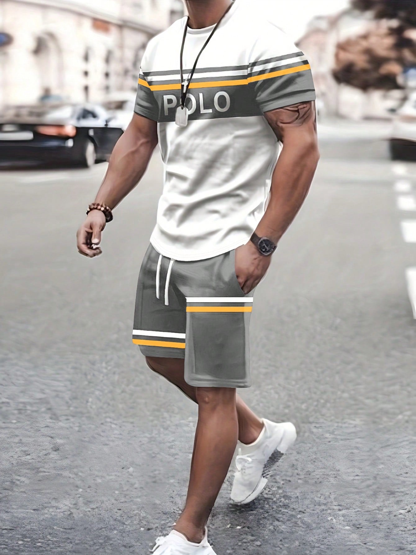 2pcs Men's Letter & Striped Print Short Sleeve Casual T-Shirt And Drawstring Waist Shorts Set, Summer