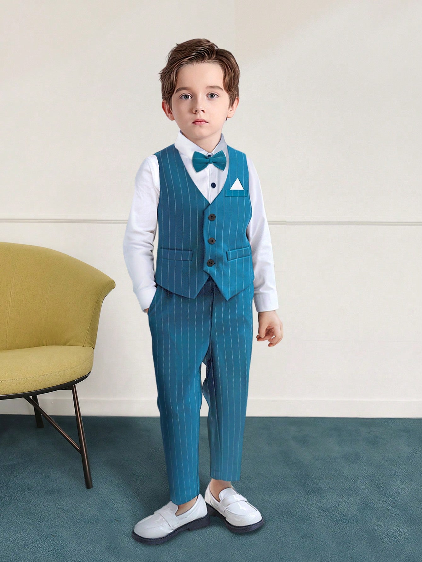 Young Boy 2024 New Style Gentleman Formal Wear 4pcs/Set, Including White Shirt, Striped Vest, Pants & Bow Tie, College Style Performance Attire For Wedding Or Festival