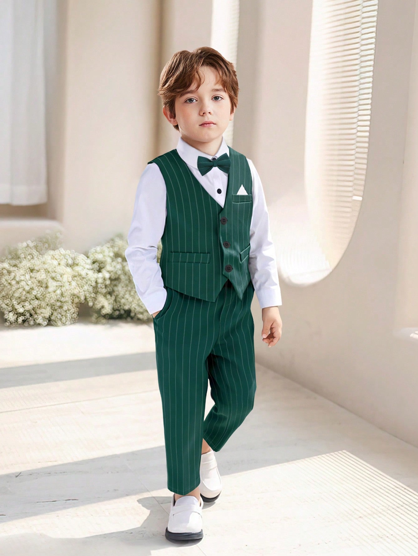 Young Boy 2024 New Style Gentleman Formal Wear 4pcs/Set, Including White Shirt, Striped Vest, Pants & Bow Tie, College Style Performance Attire For Wedding Or Festival