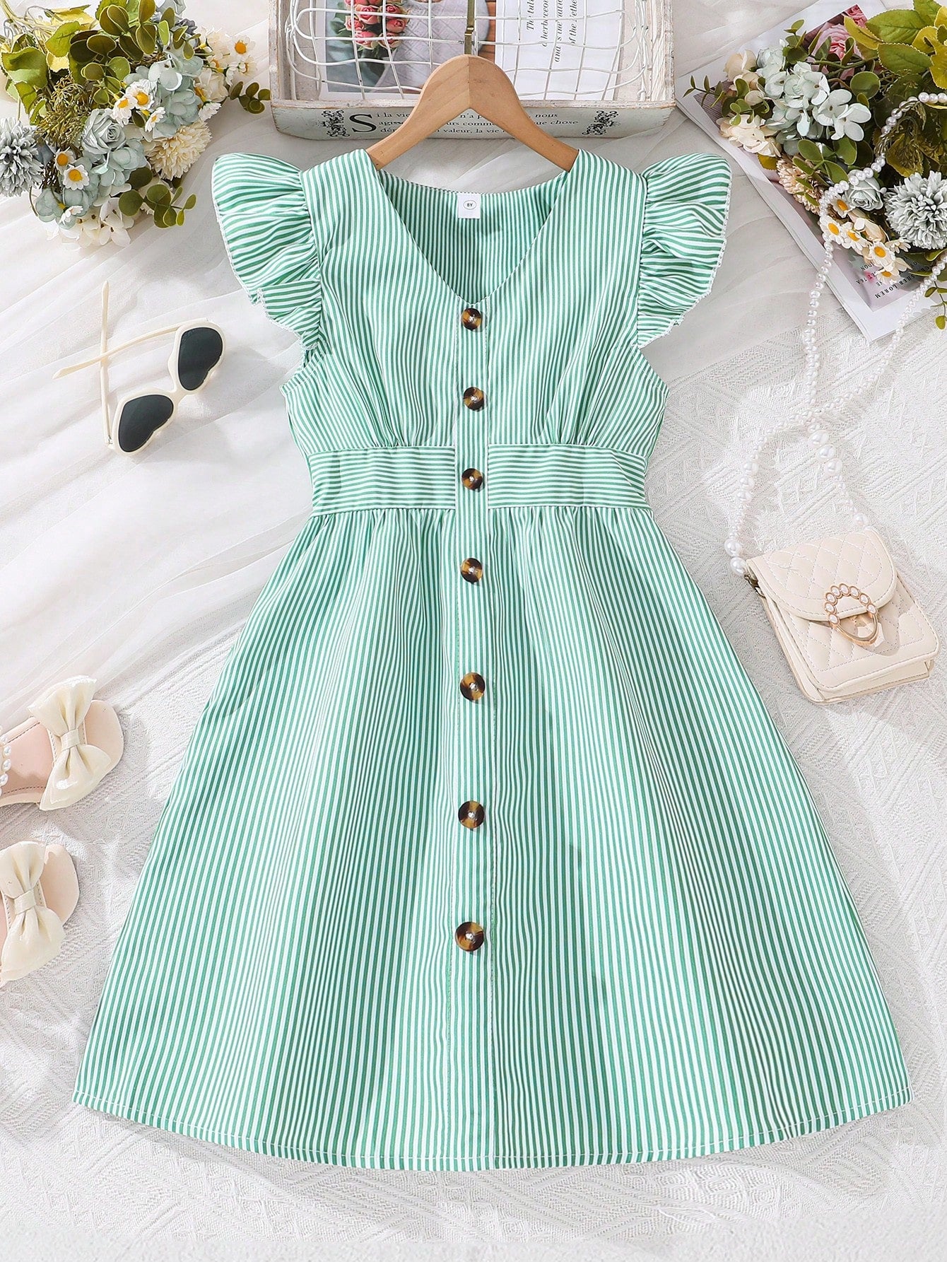 Tween Girl Summer Fresh Striped Flare Sleeve V-Neck Belted Dress