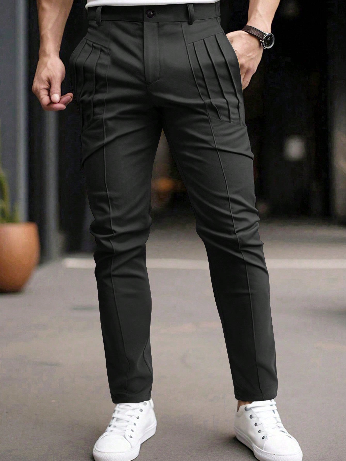 Men Solid Color Casual Suit Trousers With Pockets