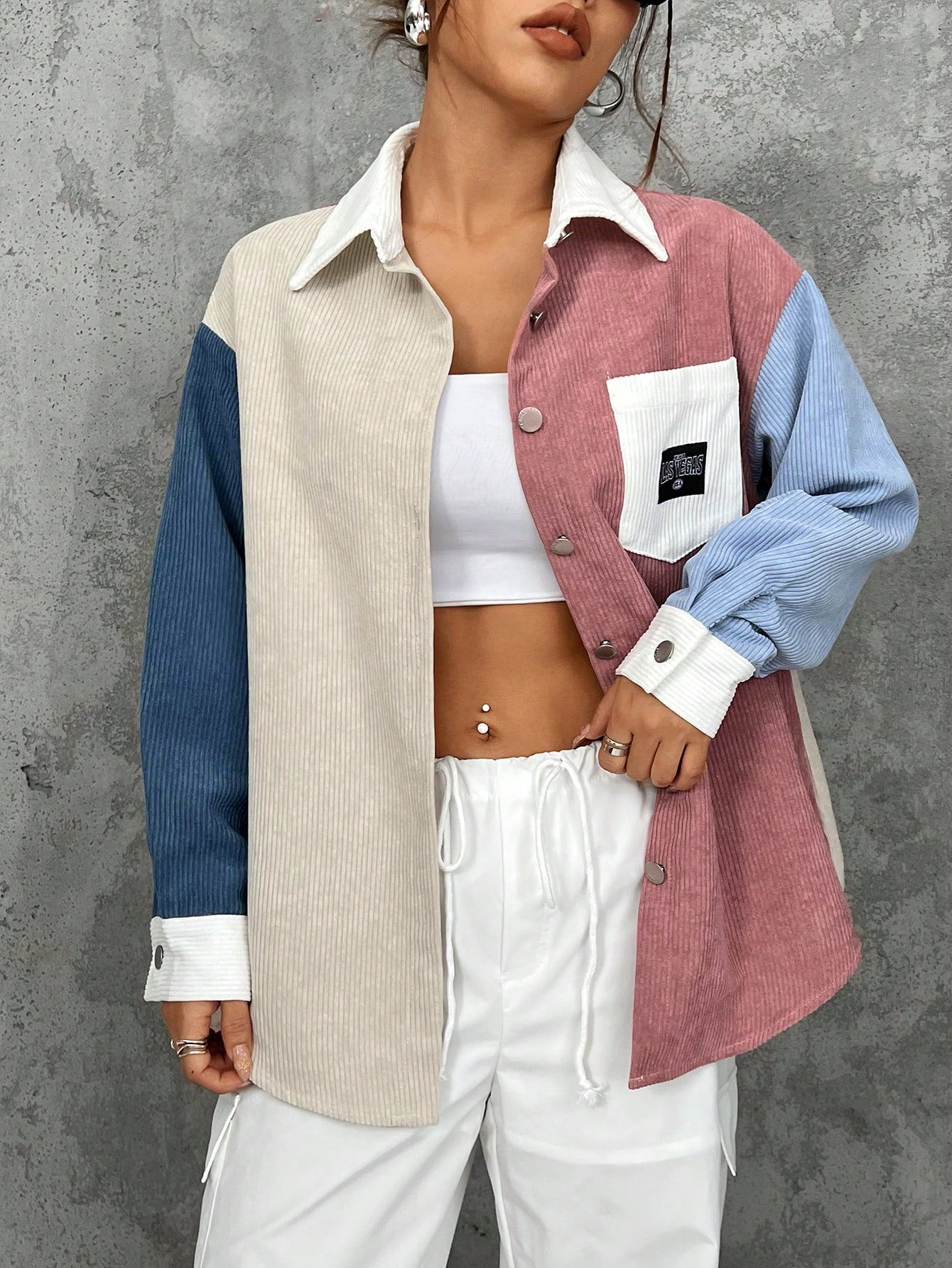 Colorblock Drop Shoulder Letter Patched Corduroy Coat