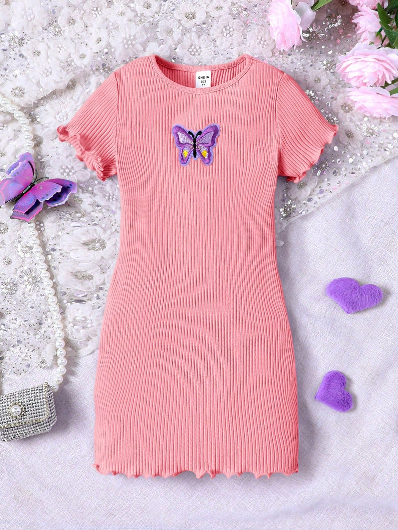 Tween Girl Basic Casual Knitted Butterfly Patch A-Line Dress, Spring/Summer