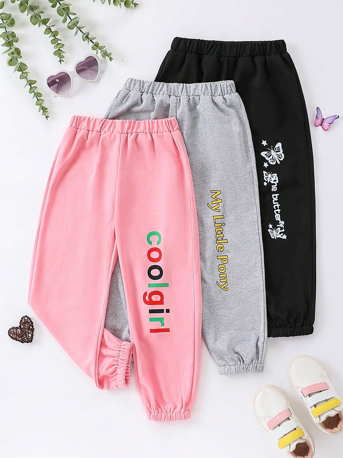 3pcs Young Girl's Casual Slogan Printed Long Pants, Suitable For Summer, Leisure, Sports, Travel, Daily, School, Outdoor, Spring And Autumn