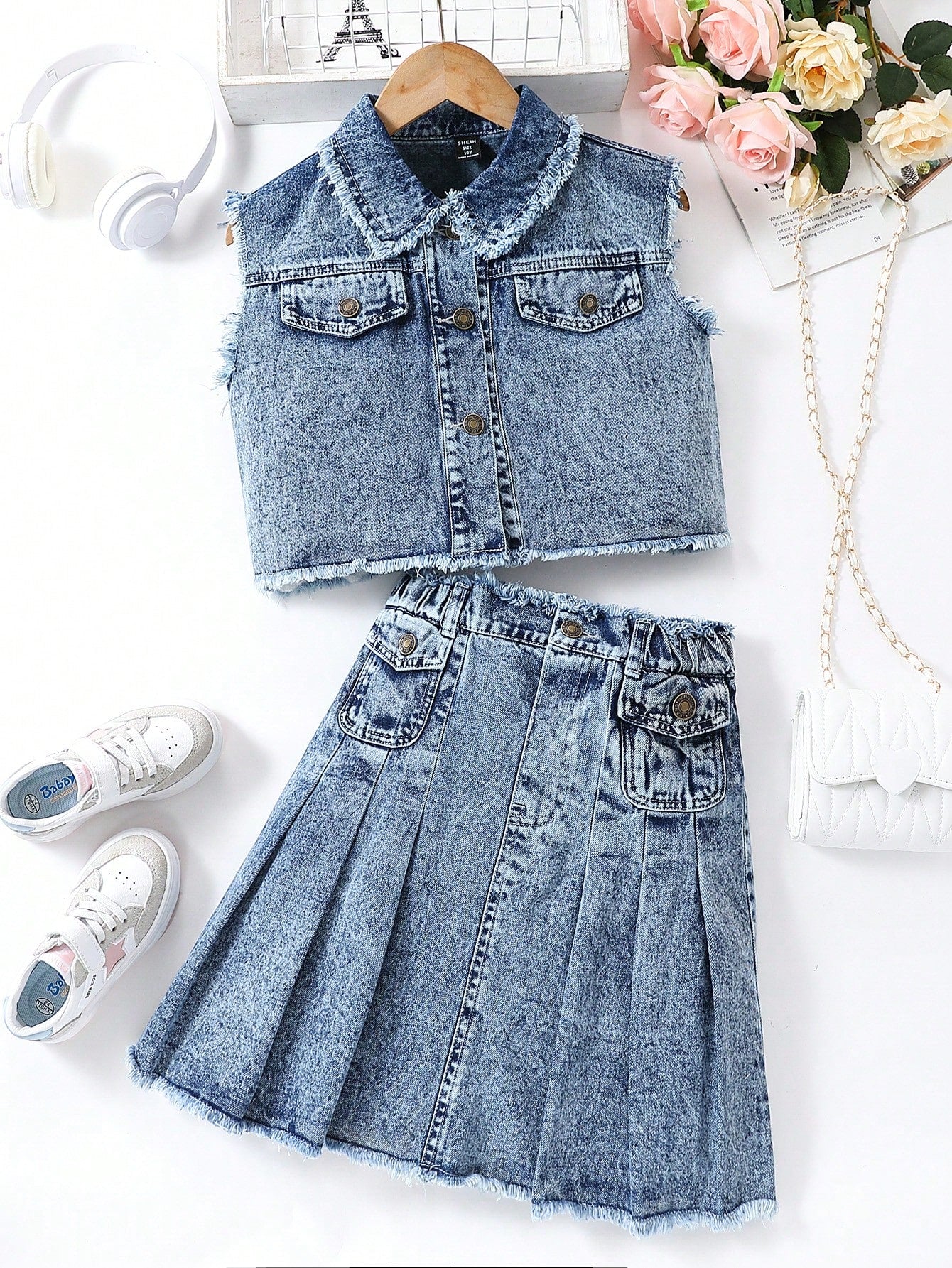 Streecool Kids Teen Girls' Frayed Distressed Washed Denim Shirt Top With Pleated Skirt Jeans Set