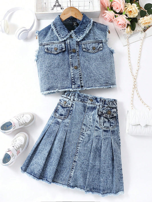 Streecool Kids Teen Girls' Frayed Distressed Washed Denim Shirt Top With Pleated Skirt Jeans Set