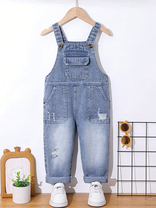 Streecool Kids Toddler Boys' Washed Mid-Blue Denim Dungarees With Casual Distressed Design