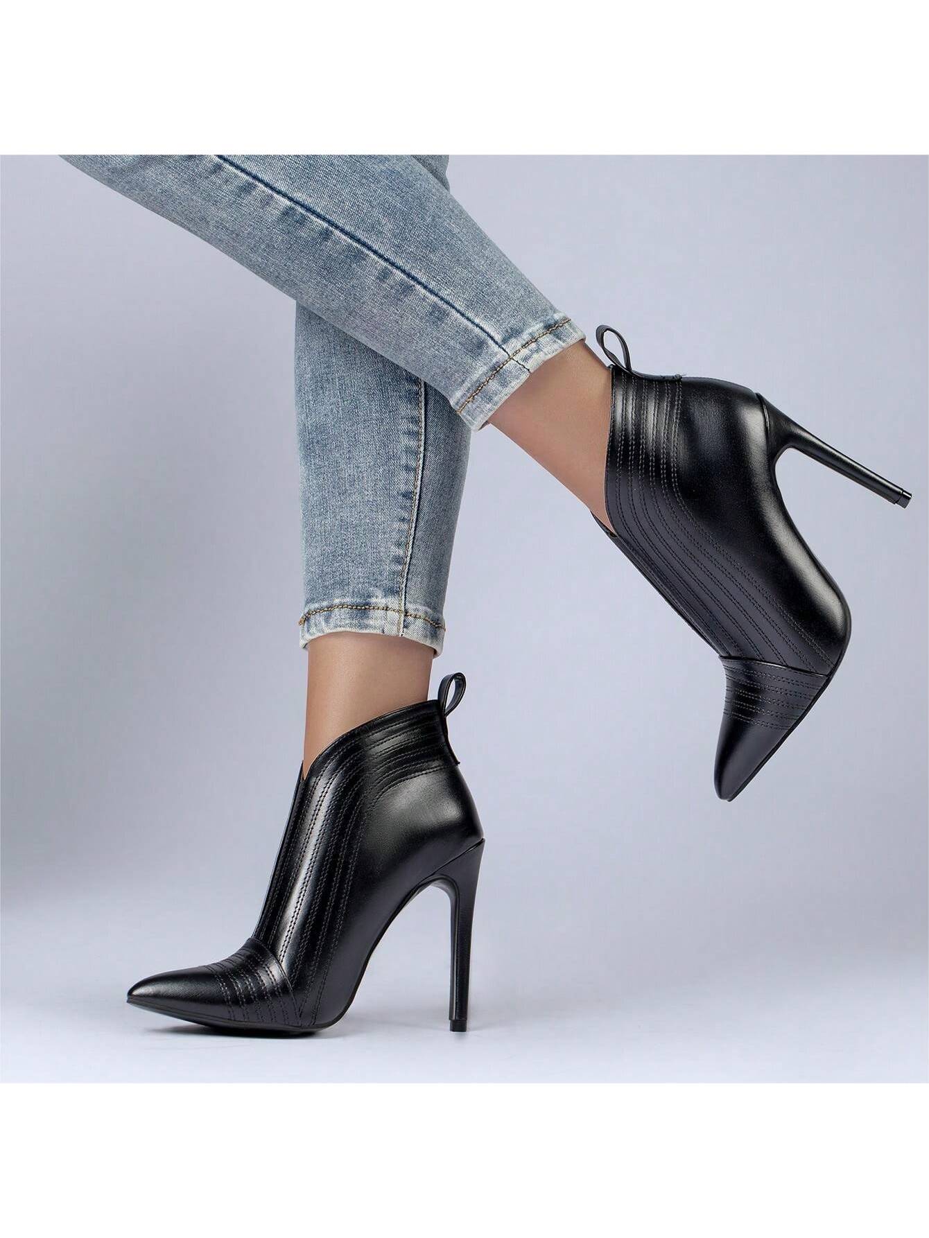 Women's Black Ankle Boots Closed Pointed Toe Stilettos Autumn Dress Booties