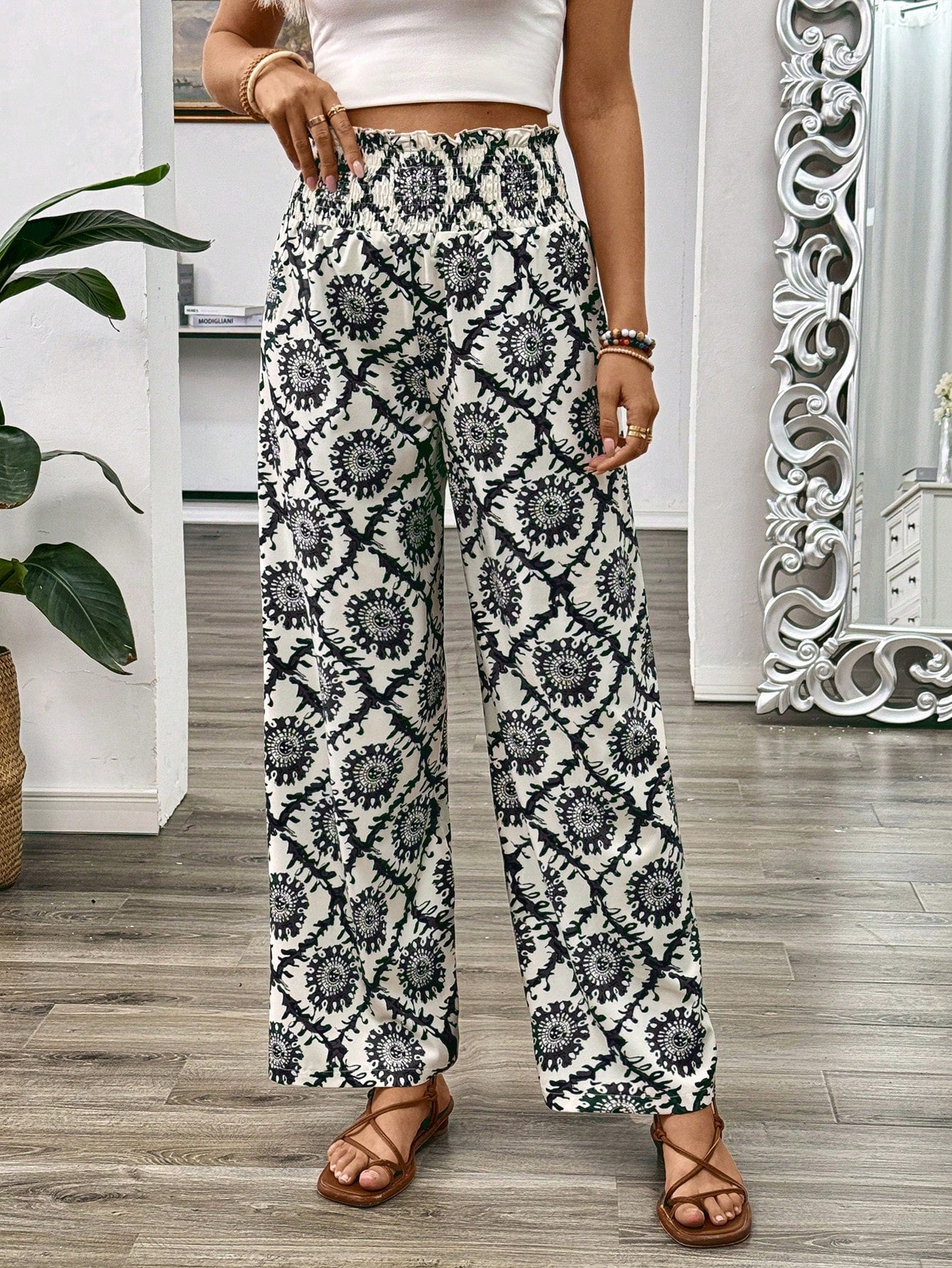 Floral Printed Elastic Waist Wide Leg Pants