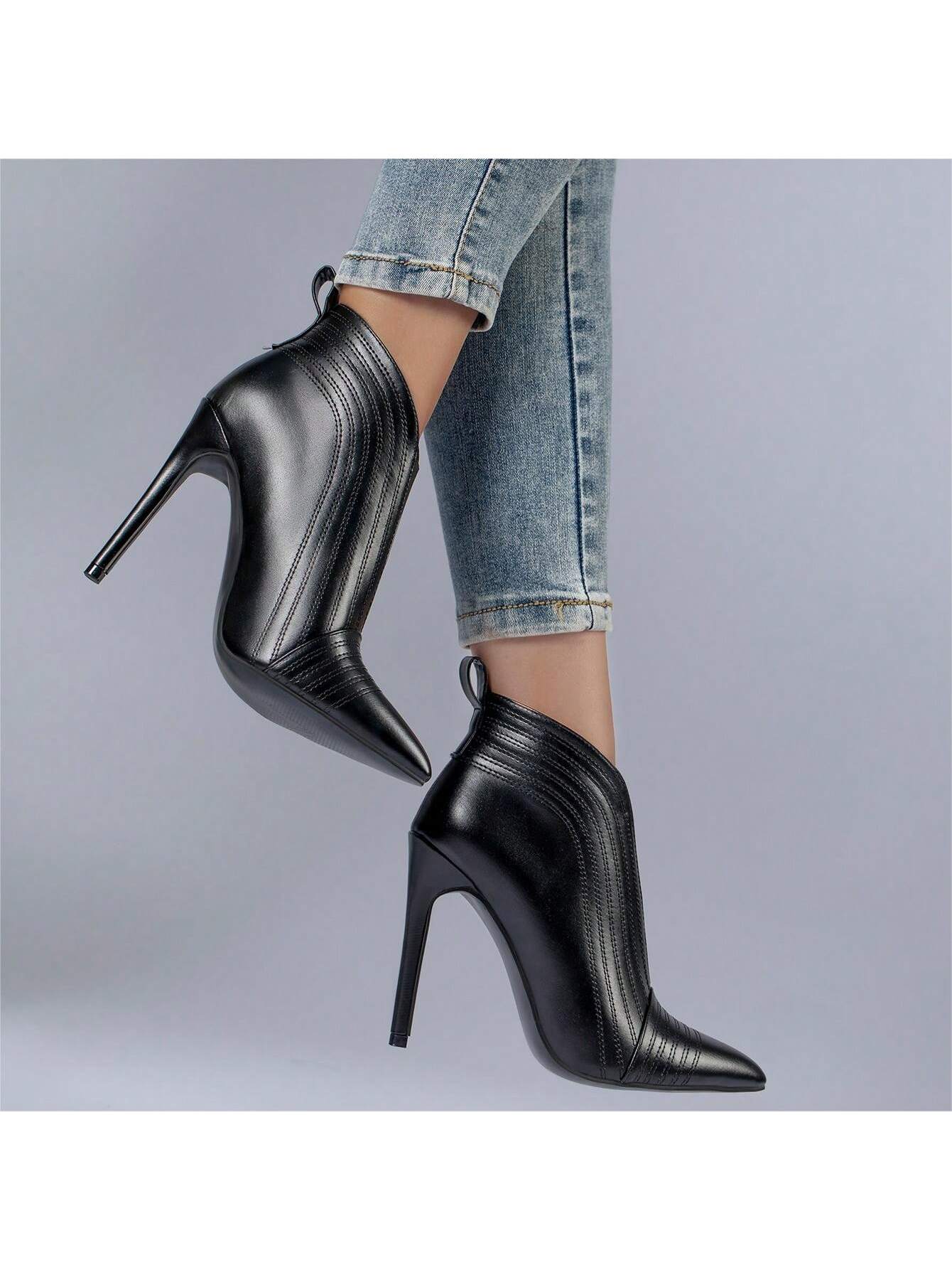 Women's Black Ankle Boots Closed Pointed Toe Stilettos Autumn Dress Booties