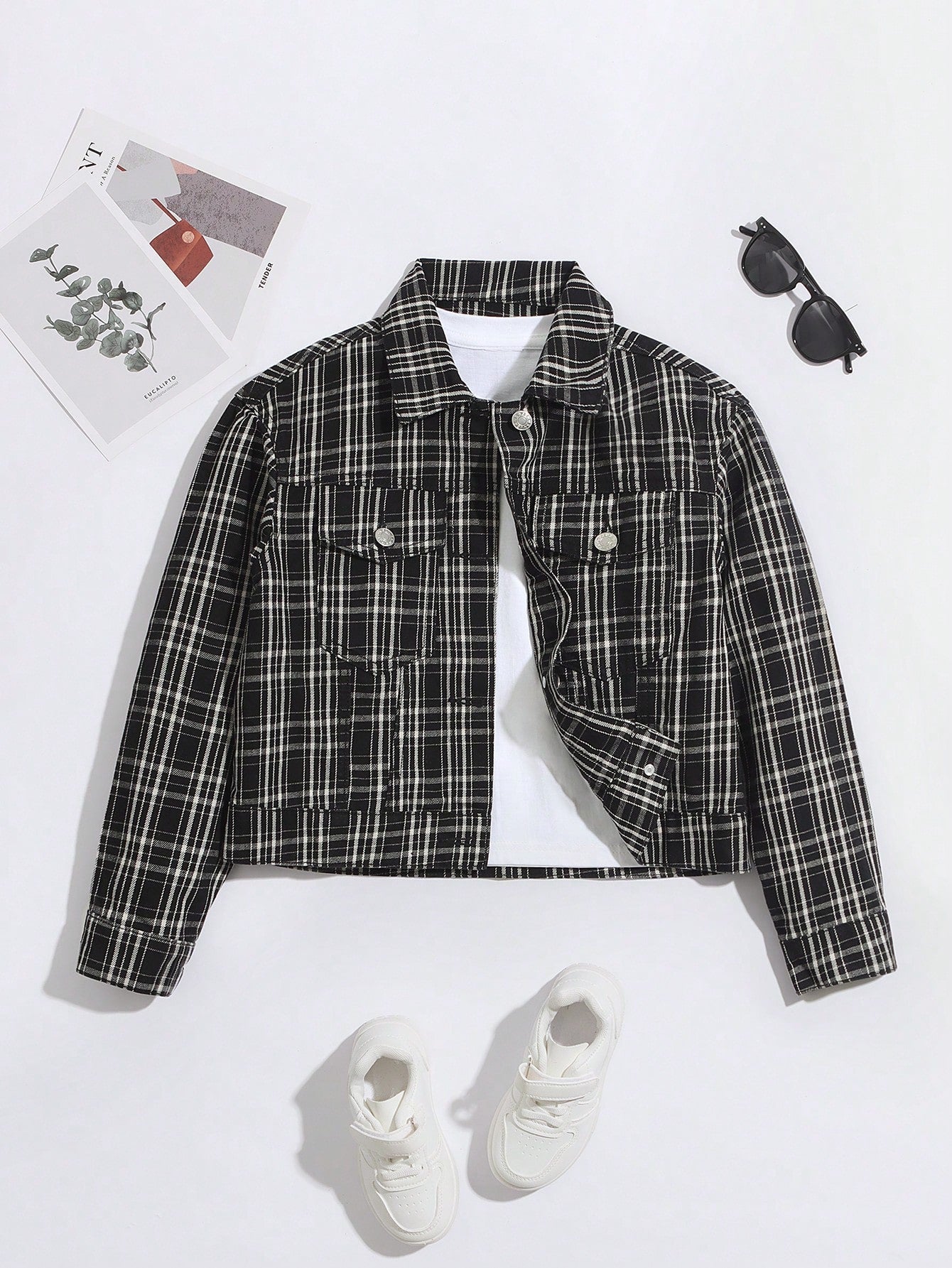 Streecool Kids Teen Girls' Casual Black And White Plaid Denim Jacket Coat