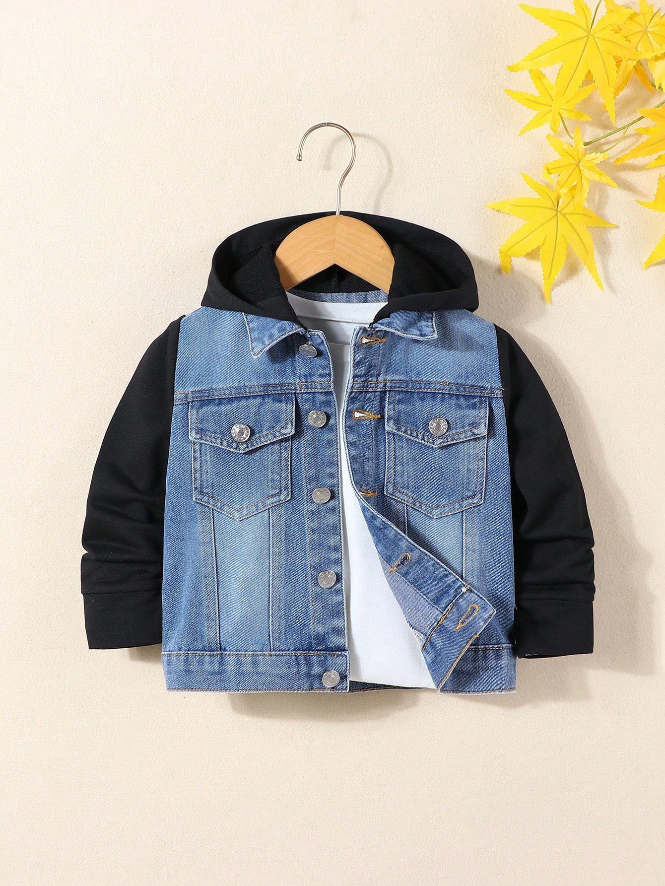 Young Boy's Autumn And Winter Casual Fashionable Patchwork Hooded Denim Jacket, Daily Wear