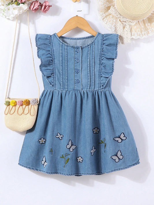 Fashionable And Sweet Embroidered Denim Dress For Little Girls