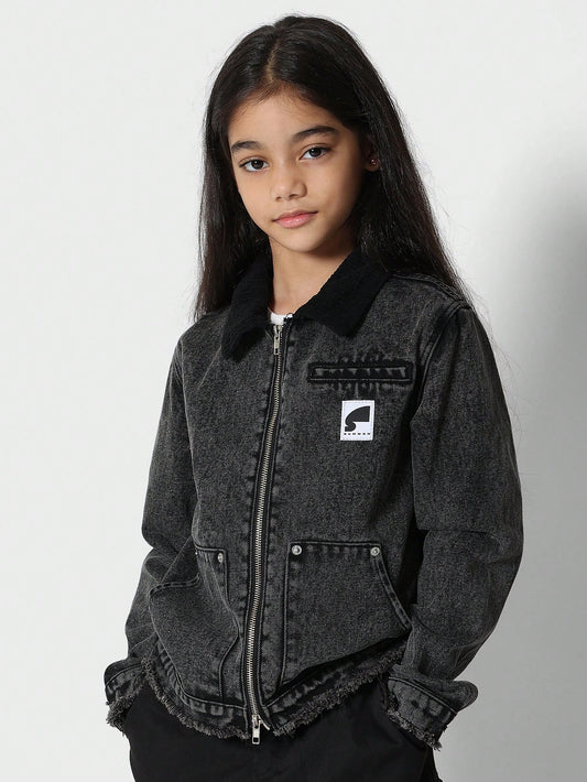 Tween Girls Washed Denim Jacket With Contrast Collar