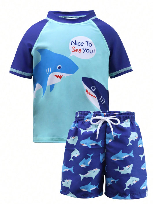 Young Boy 2024 New Fashion Cartoon Shark Printed Swimsuit And Beach Shorts Set