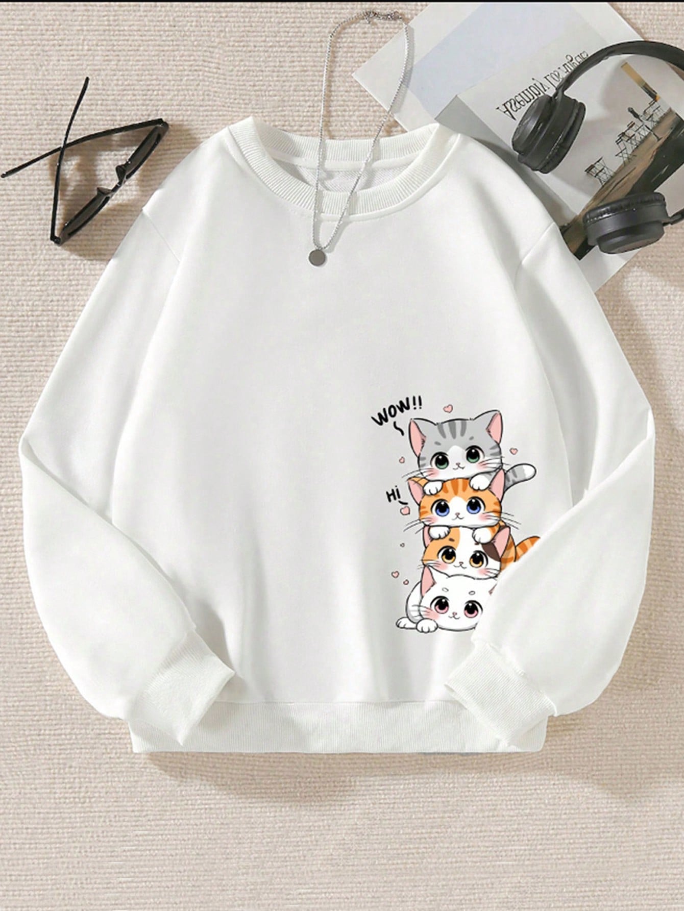 Tween Girls' Cartoon Printed Round Neck Sweatshirt