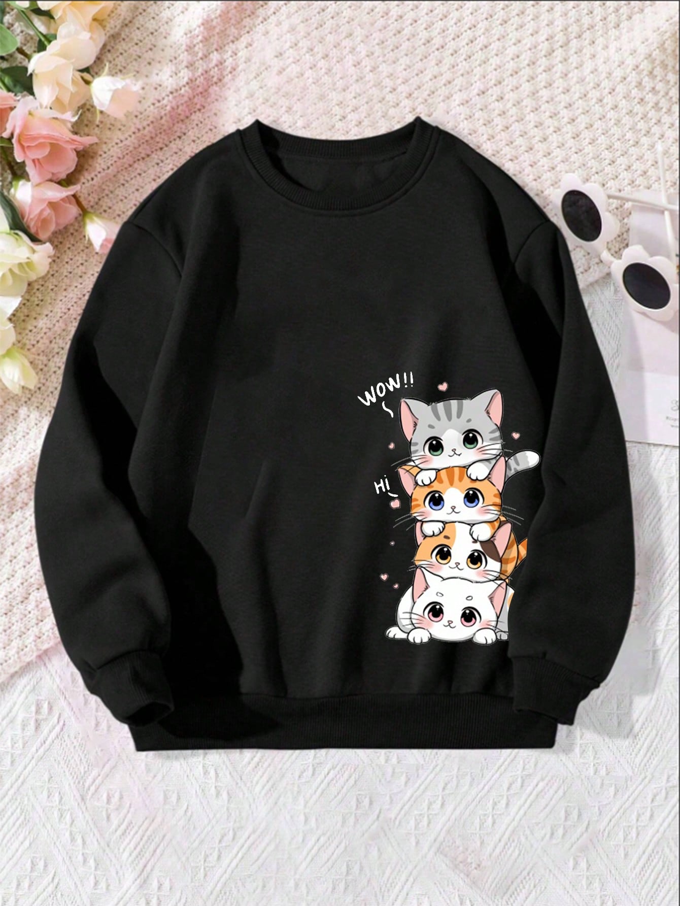 Tween Girls' Cartoon Printed Round Neck Sweatshirt