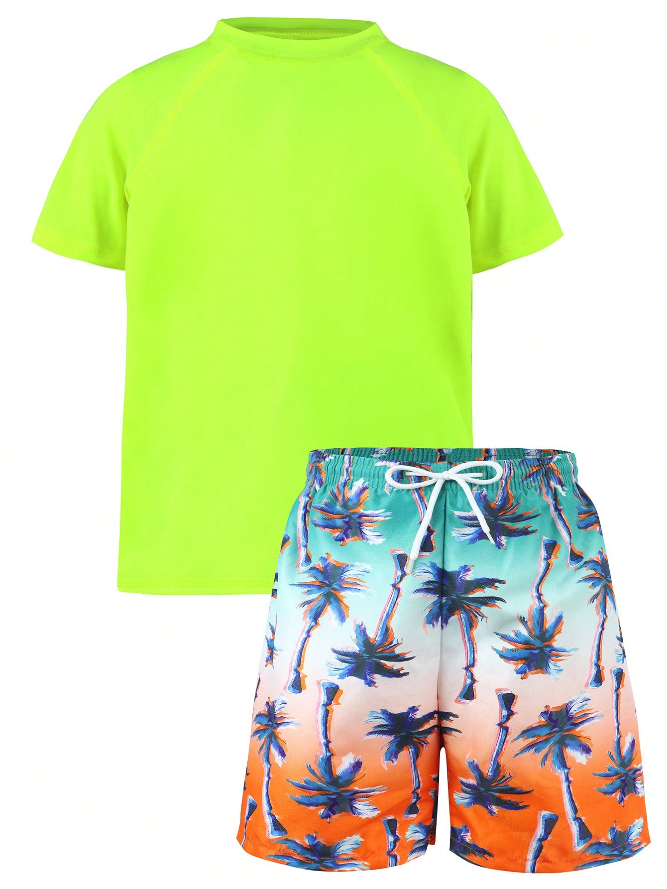 Tween Boys' Summer Beach Solid Color Short Sleeve Shirt & Printed Shorts Swimsuit Set With Coordinates