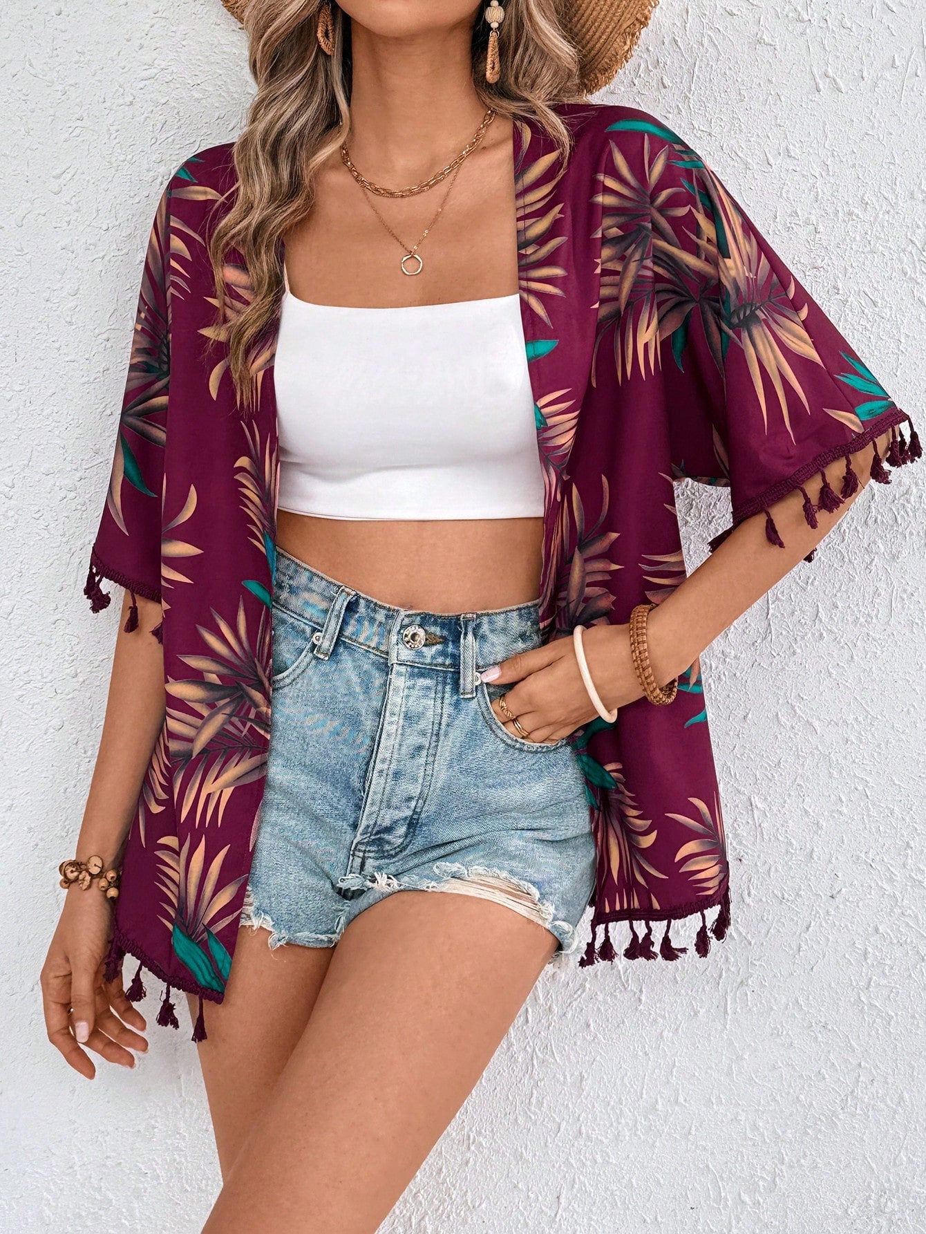 Summer Beach Tropical Print Tassel Trim Kimono