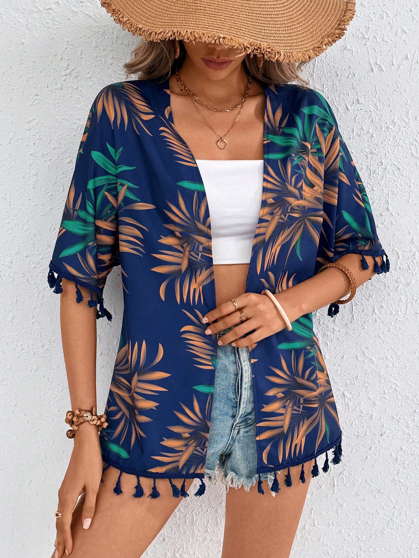 Summer Beach Tropical Print Tassel Trim Kimono