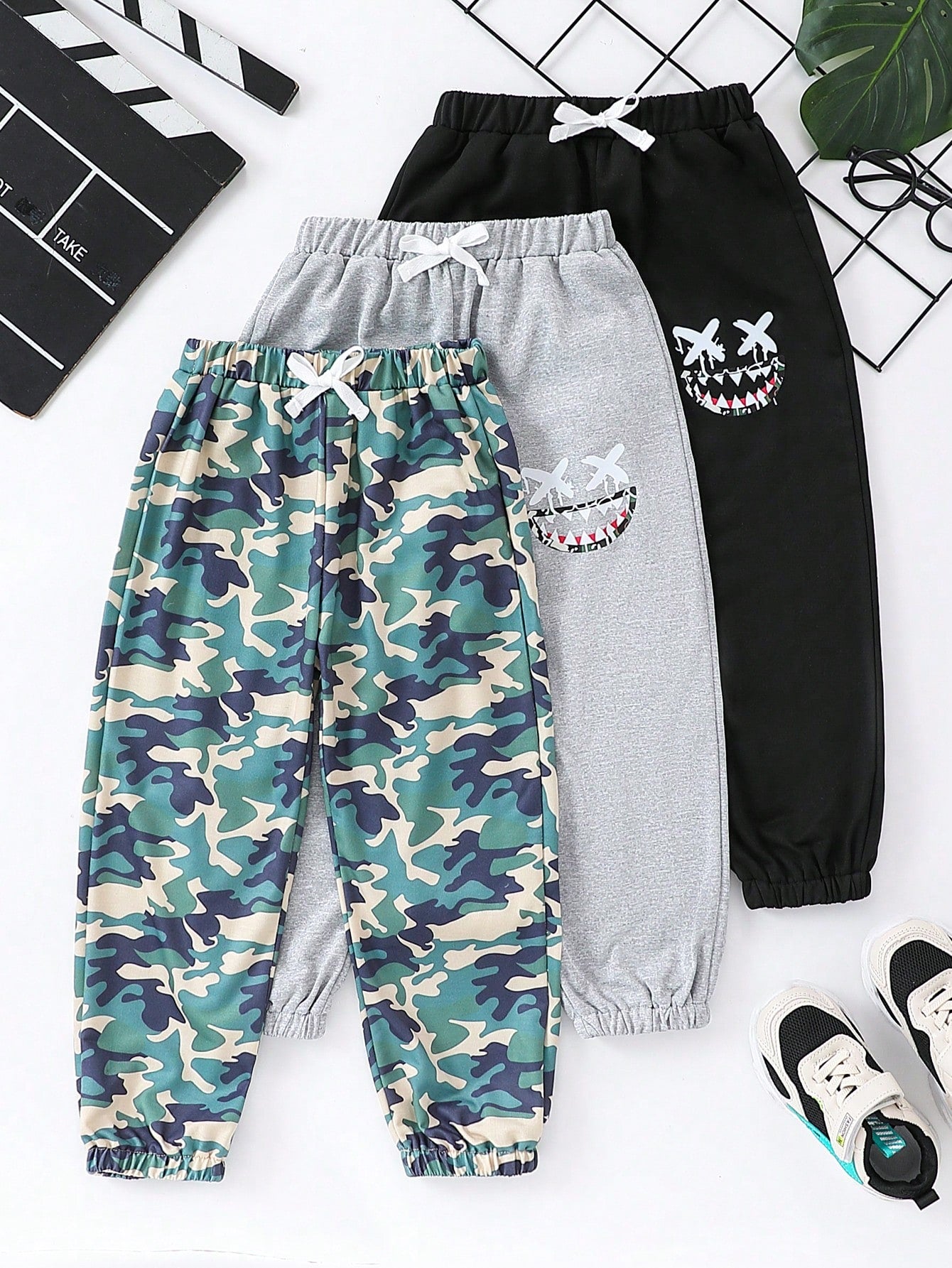 3pcs Young Boys' Casual Camouflage Print Full Of Emotions Sweatpants, Suitable For Summer, Leisurewear, Sports, Travel, Daily Wear, School, Outdoor Activities, Spring & Autumn Season