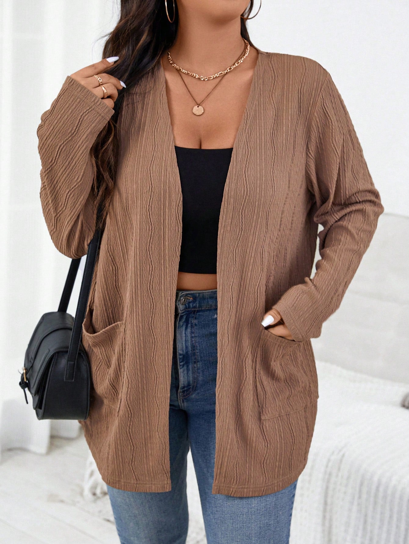 Plus 1pc Dual Pocket Waffle Knit Drop Shoulder Open Front Coat