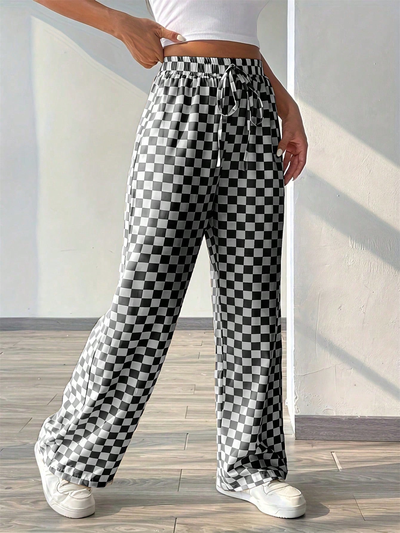 Plaid Printed Loose Casual Wide Leg Pants With Waist Tie