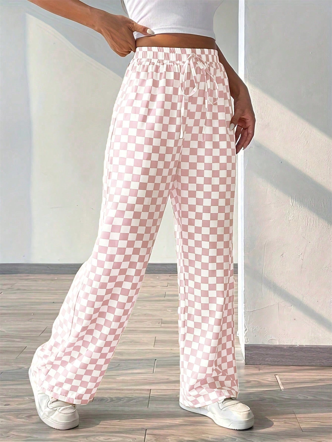 Plaid Printed Loose Casual Wide Leg Pants With Waist Tie