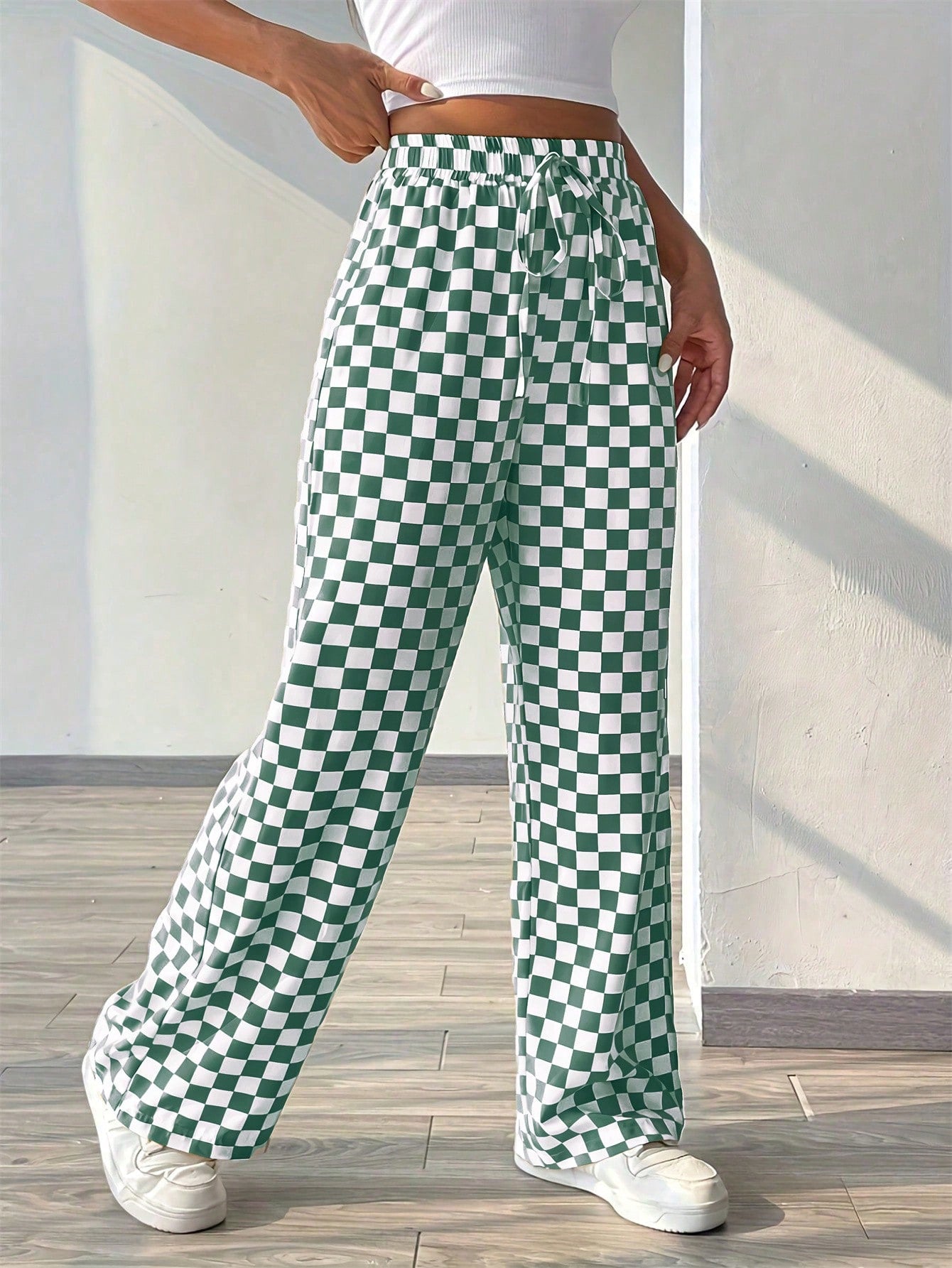 Plaid Printed Loose Casual Wide Leg Pants With Waist Tie