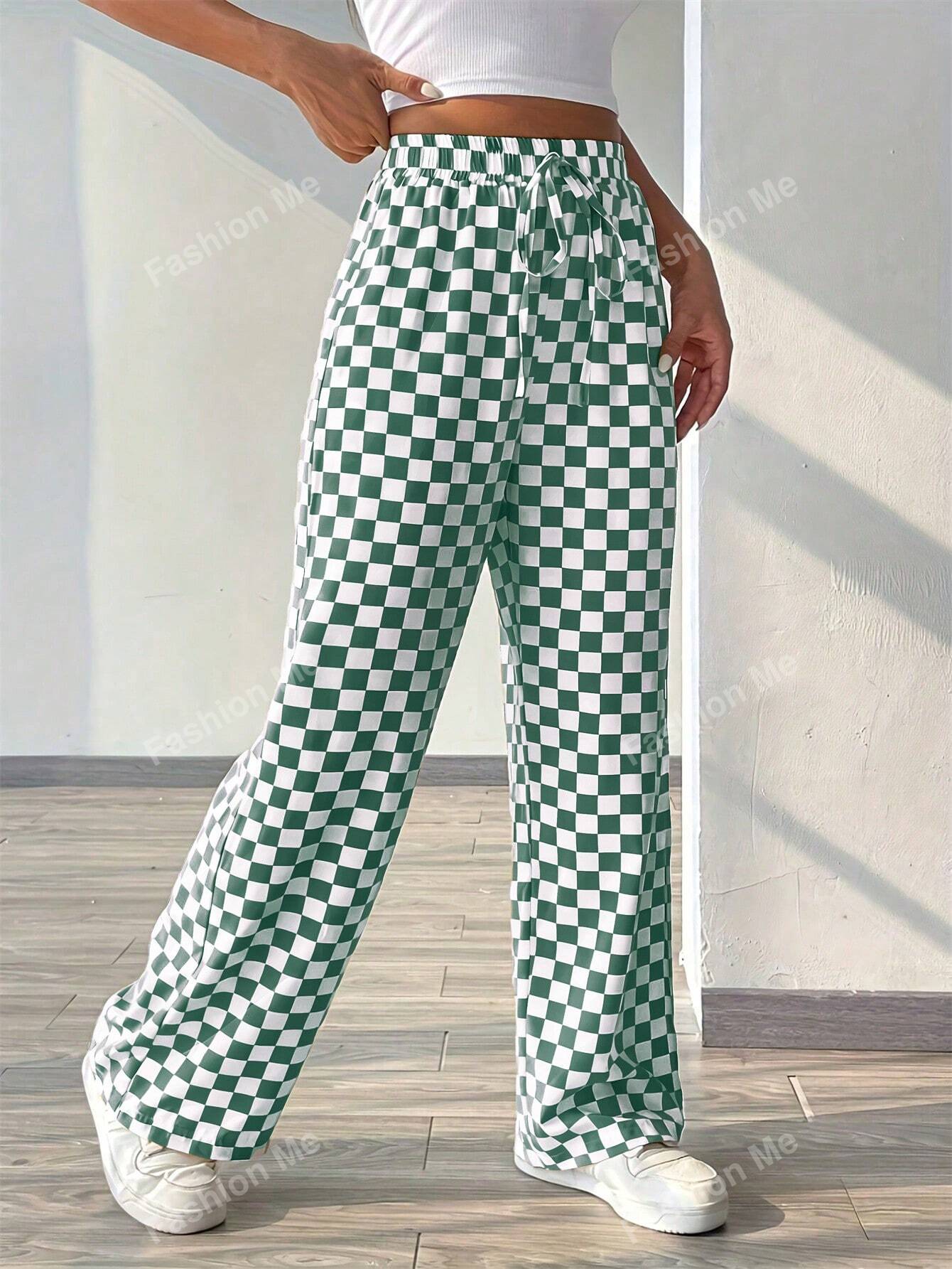 Plaid Print Casual Loose Wide Leg Pants With Tie Waist