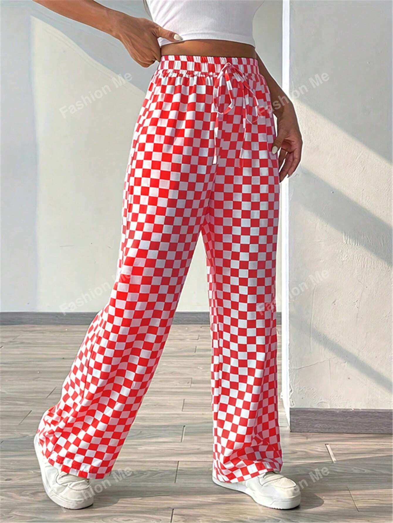 Plaid Print Casual Loose Wide Leg Pants With Tie Waist