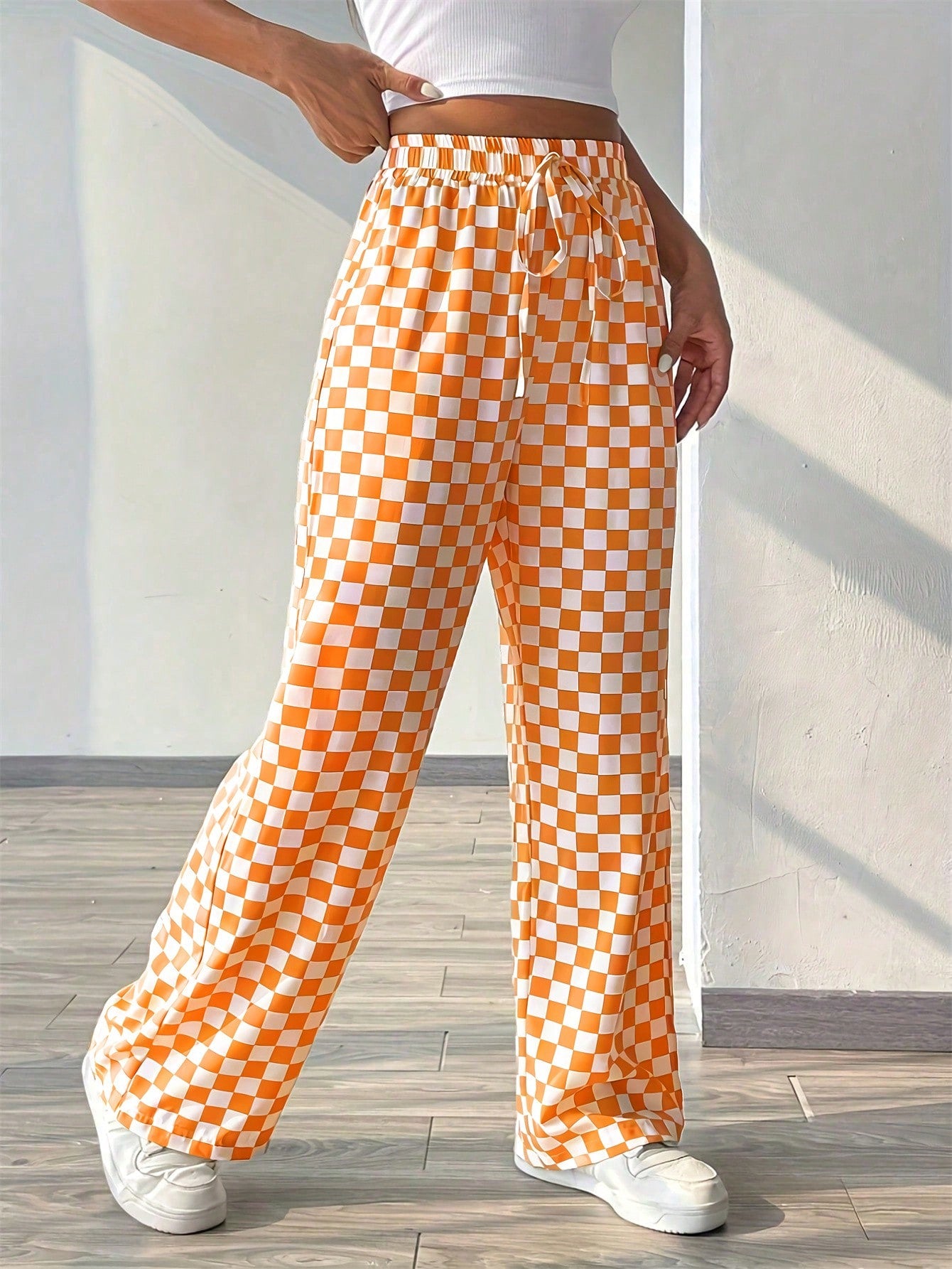 Plaid Printed Loose Casual Wide Leg Pants With Waist Tie