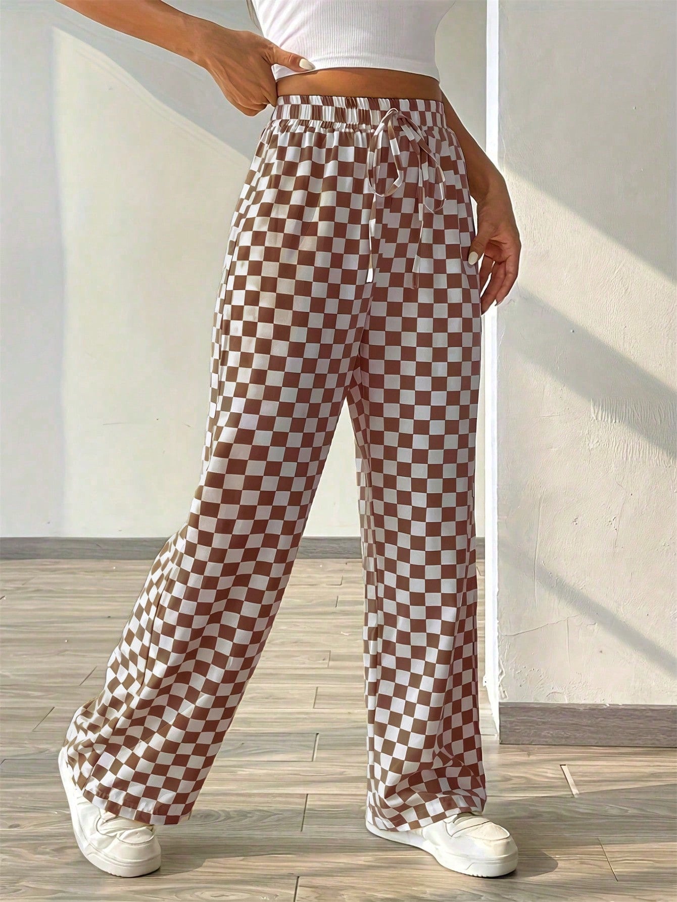 Plaid Printed Loose Casual Wide Leg Pants With Waist Tie