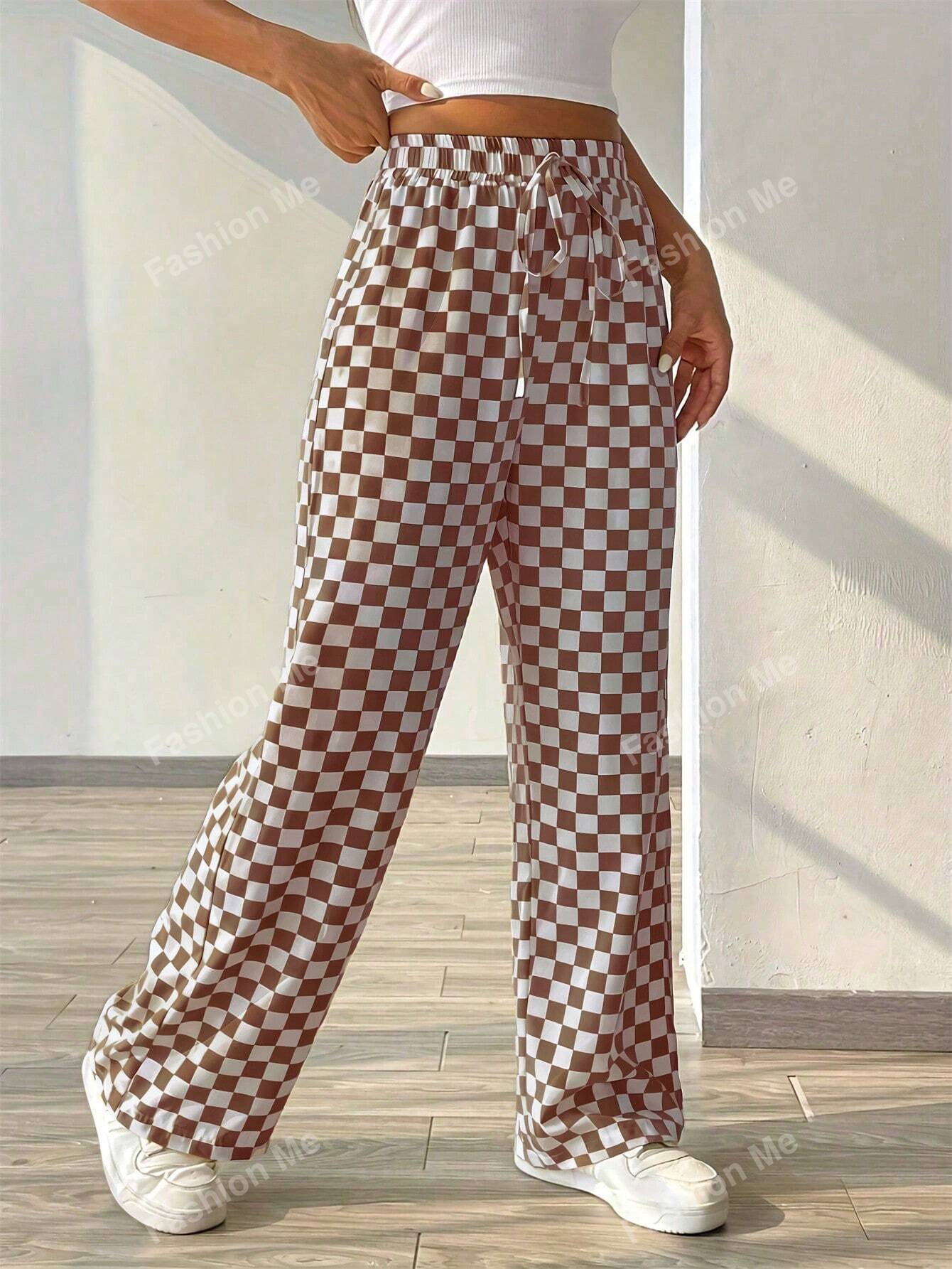 Plaid Print Casual Loose Wide Leg Pants With Tie Waist