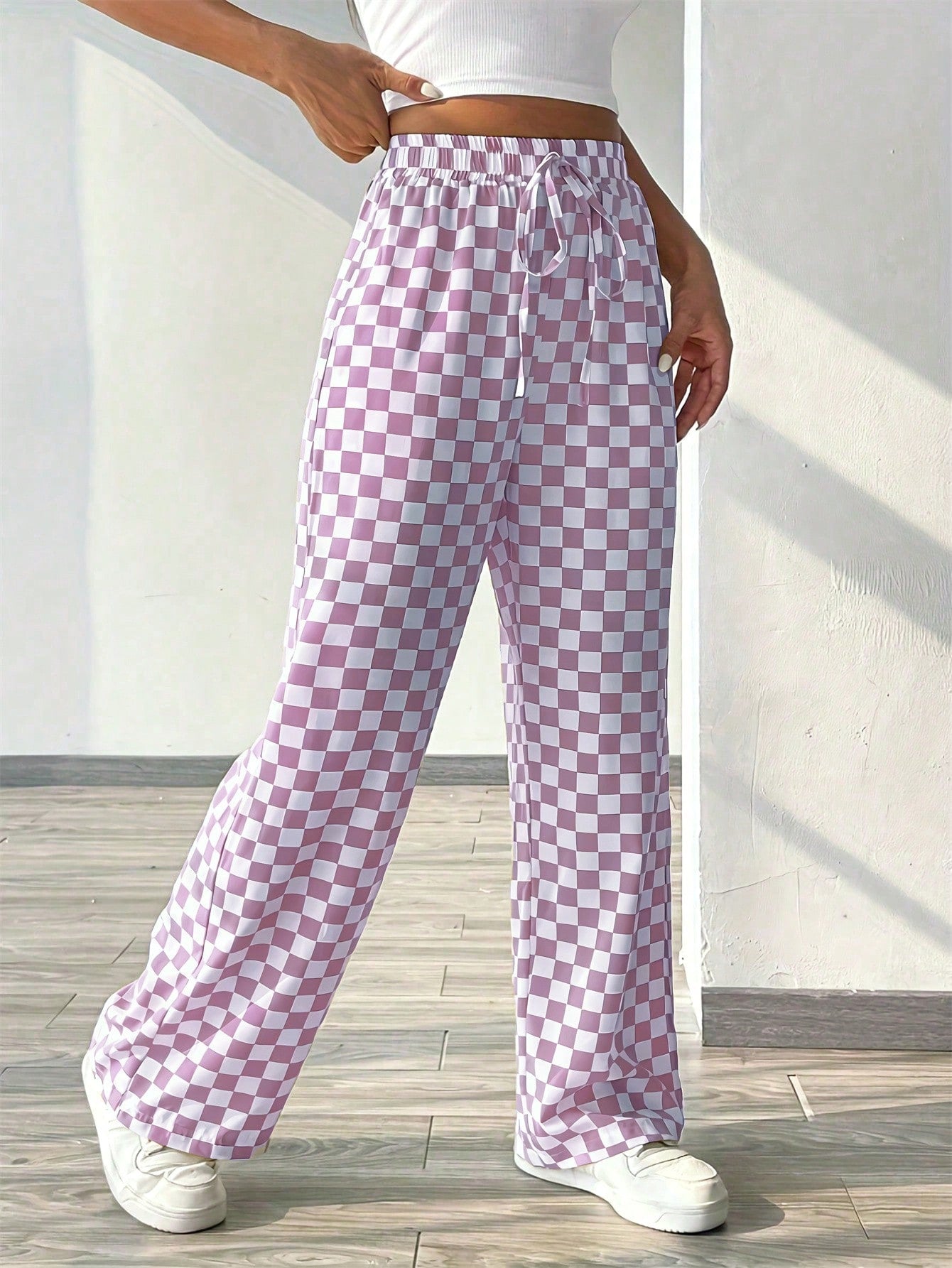 Plaid Printed Loose Casual Wide Leg Pants With Waist Tie