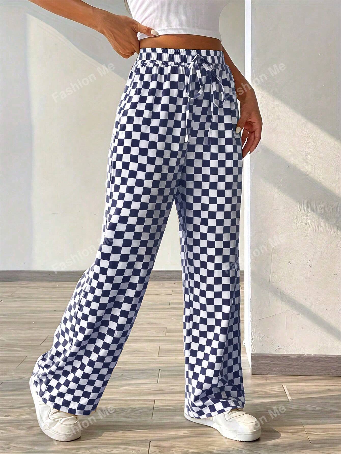 Plaid Printed Casual Loose Belted Wide Leg Pants