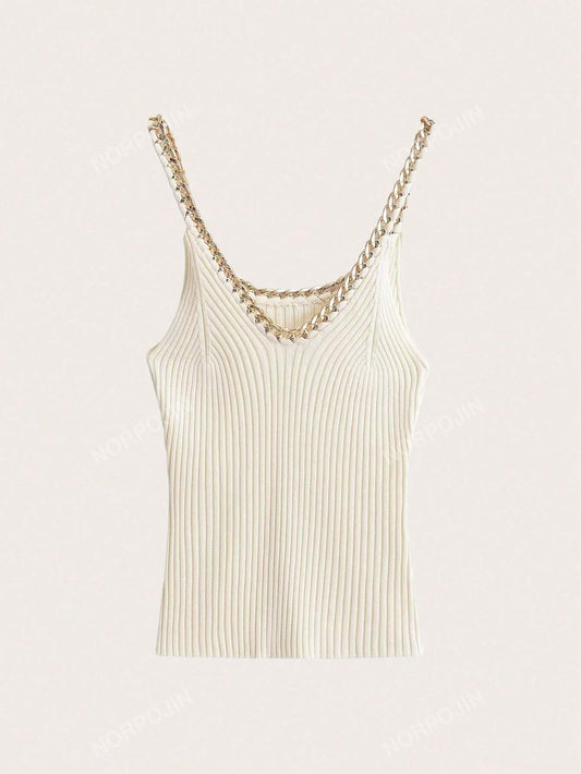 Knitted Tank Top With Golden Chain Decoration