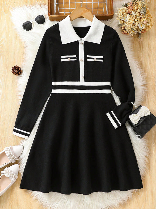 Fashionable And Casual Black & White Woolen Sweater Dress For Teen Girls, Suitable For Daily Wear In Autumn And Winter