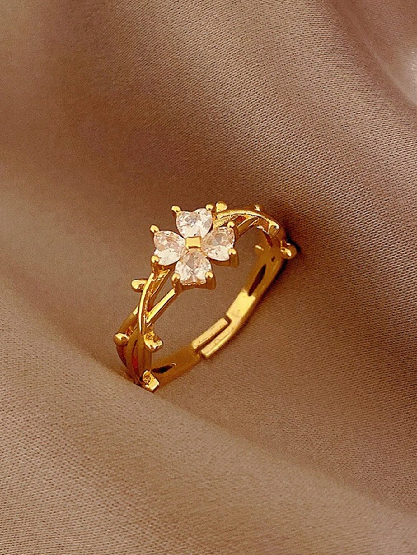 1pc Personalized Open Adjustable Flower Ring With Zirconia Stones, Small & Unique Girl Style Design