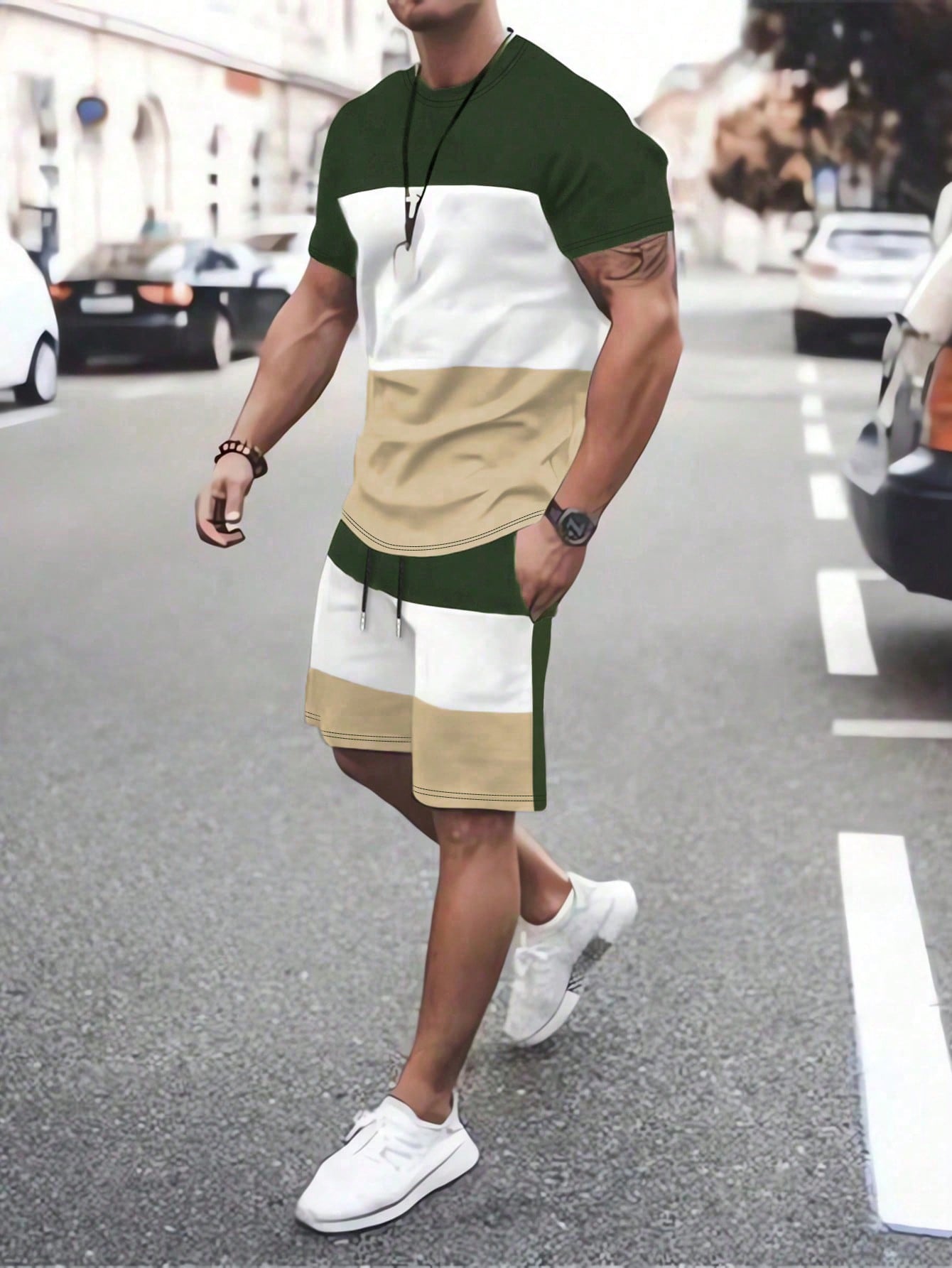 Men Color Block Tee & Drawstring Waist Shorts