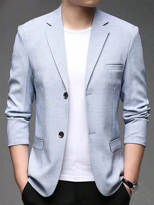 Men's Light Blue Linen Style Blazer, 2024 Spring Autumn Casual Single-Breasted Suit Coat Jacket