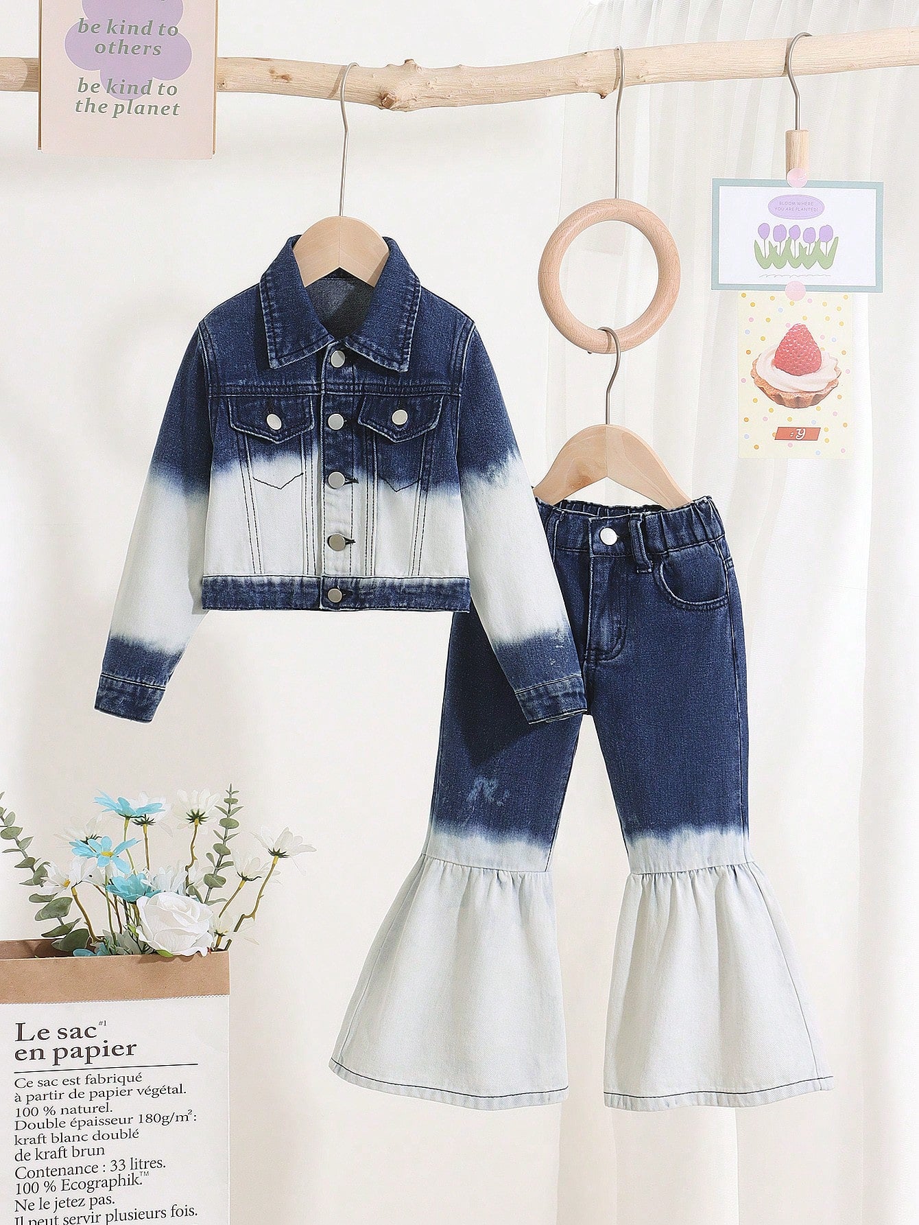 Girls' Denim Casual Fashionable Gradient Loose Top With Vintage Wash Flare Pants, 2pcs/Set