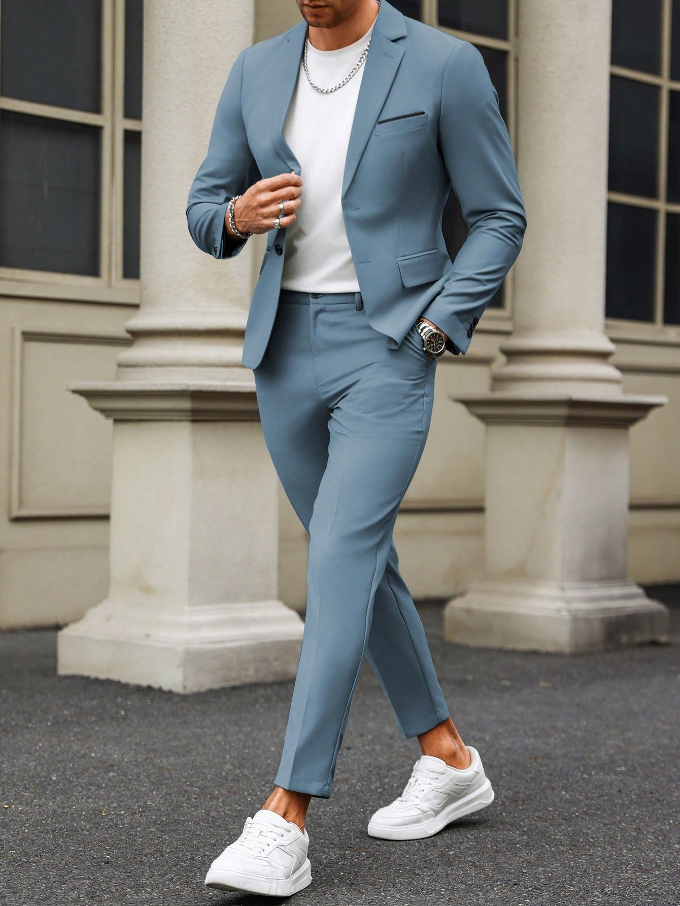 Men's Solid Casual Lapel Neck Blazer & Slant Pocket Pants Suit Set