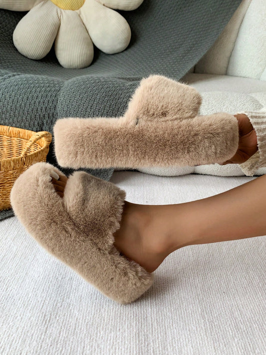 Women's Thick-Soled Furry Slippers, Soft & Casual Round-Toe, Open-Toe Fashionable House Slipper