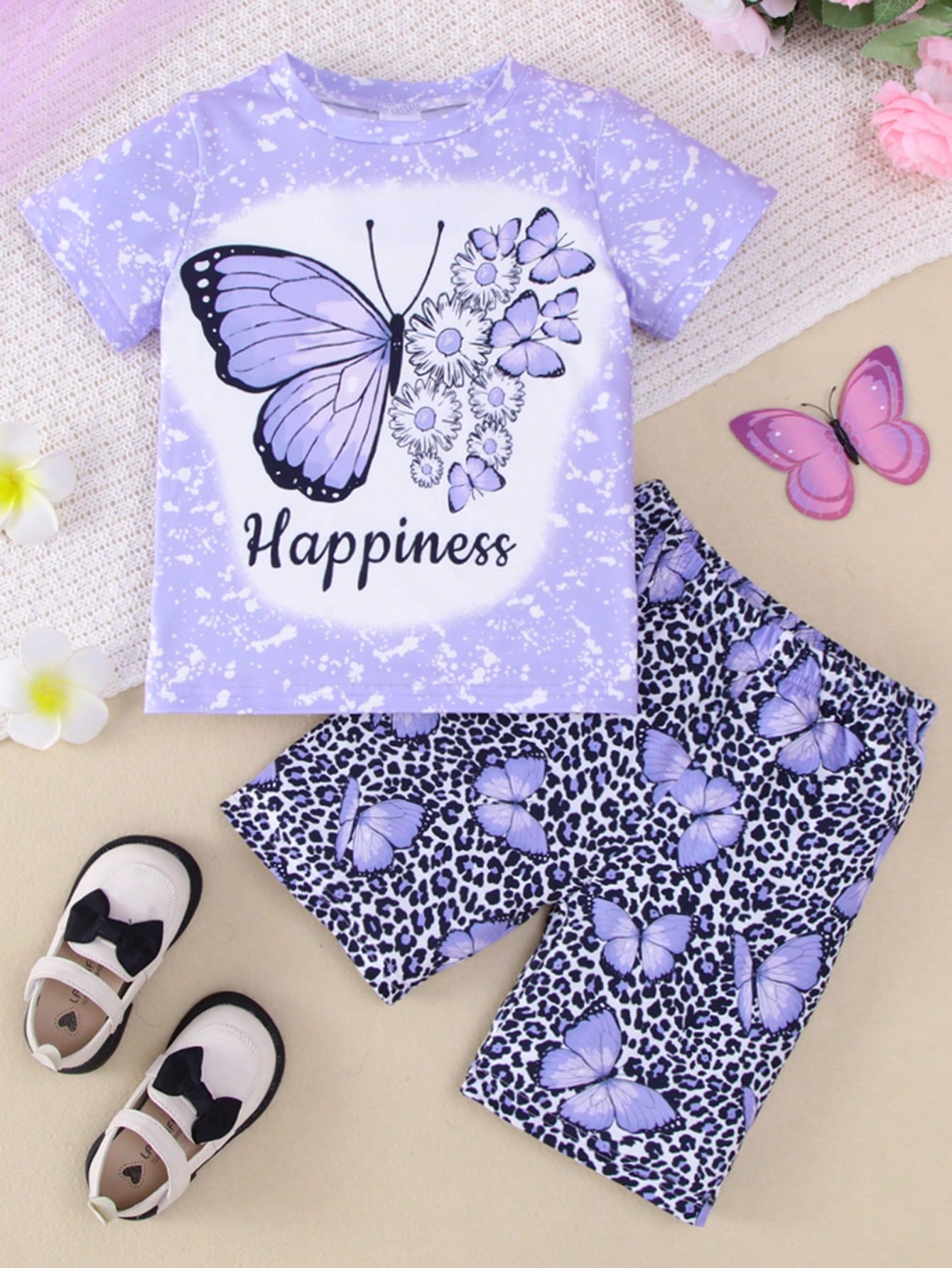 2pcs Young Girl Casual Butterfly Pattern Short Sleeve Lightweight Knitted T-Shirt With Butterfly & Leopard Print Five-Pocket Shorts Set, Summer