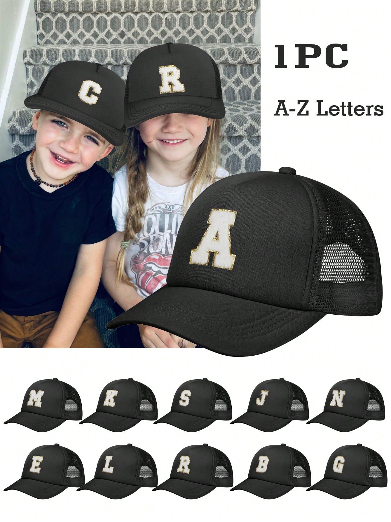 1pc Kids' 26 Alphabet Printed Trucker Cap, Fashionable Casual Hat, Suitable For Boys And Girls For School, Daily Wear