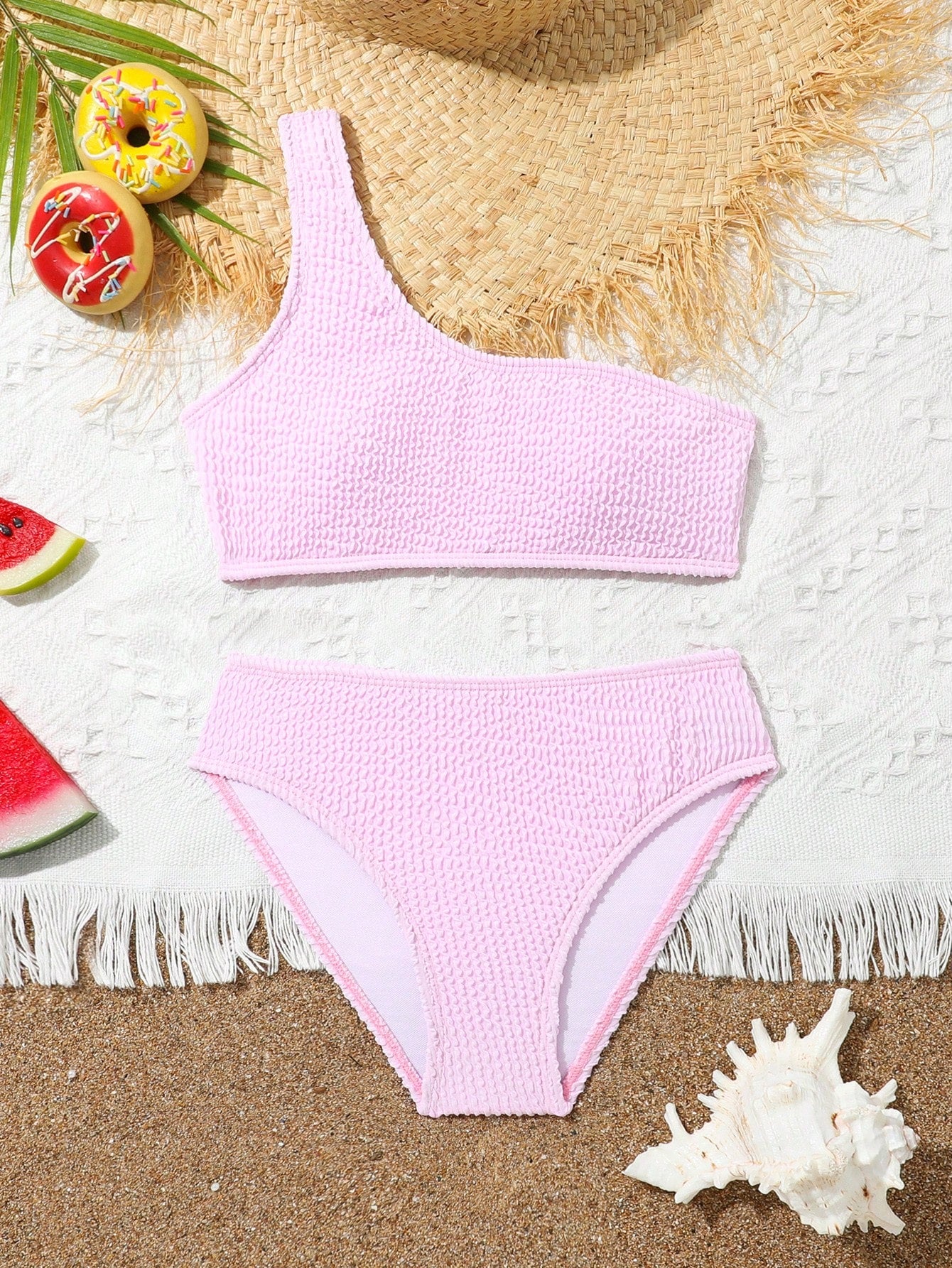 Tween Girl Plain One Shoulder Bikini Set Summer Beach